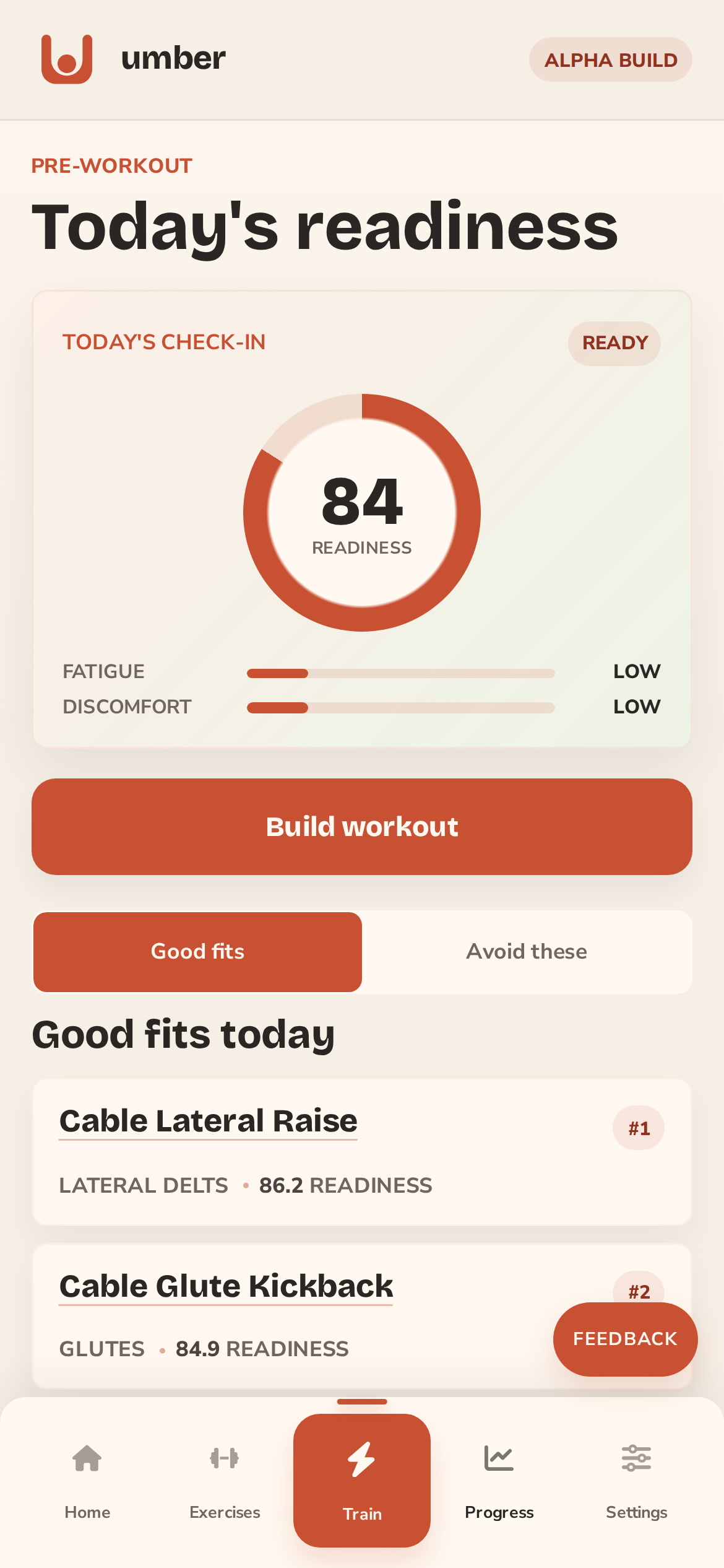 umber readiness preview showing an 84 readiness score and ranked exercise fits