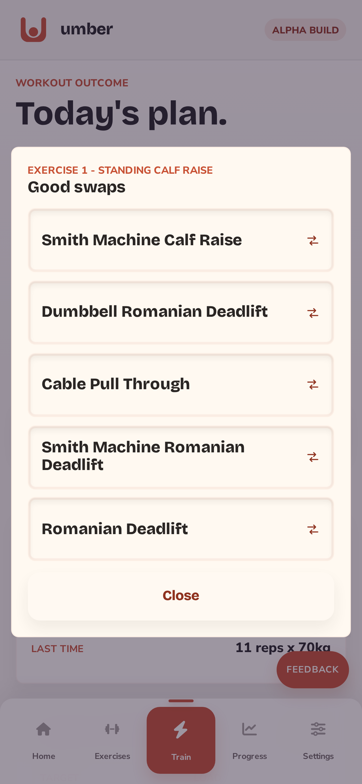 umber generated workout showing an exercise alternatives dialog